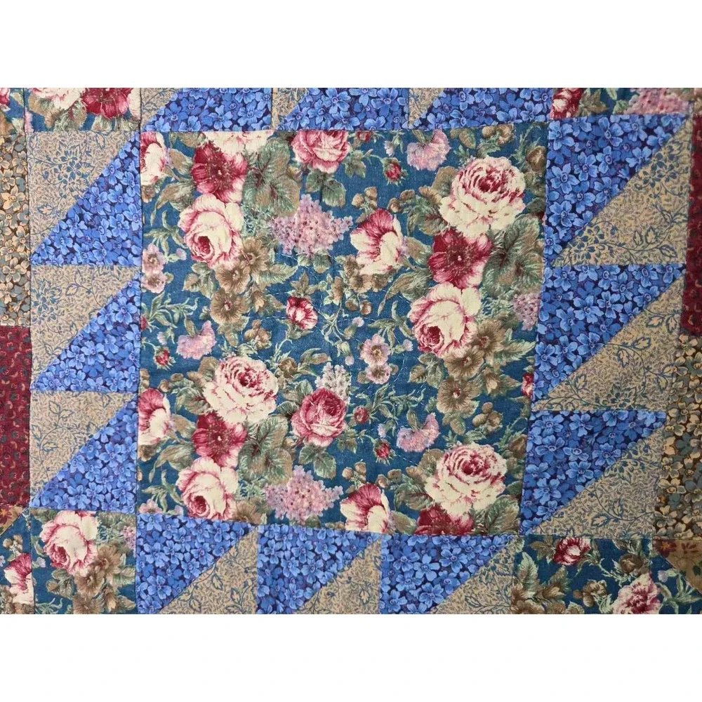 Vintage Handmade Patchwork Floral Quilt Blue Burgundy Cottagecore Throw 46x38